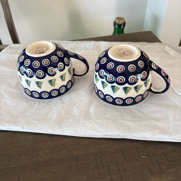 NEW TWO Polish Pottery Mugs 8oz Peacock Xmas Tree Boleslawiec Ceramic Folk Art - Picture 9 of 10